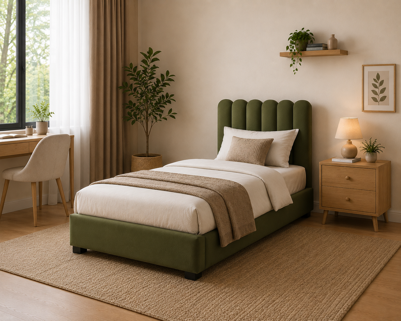 A premium royal green upholstered single bed featuring a modern vertical-channel headboard, soft velvet finish, and elegant contemporary styling.
