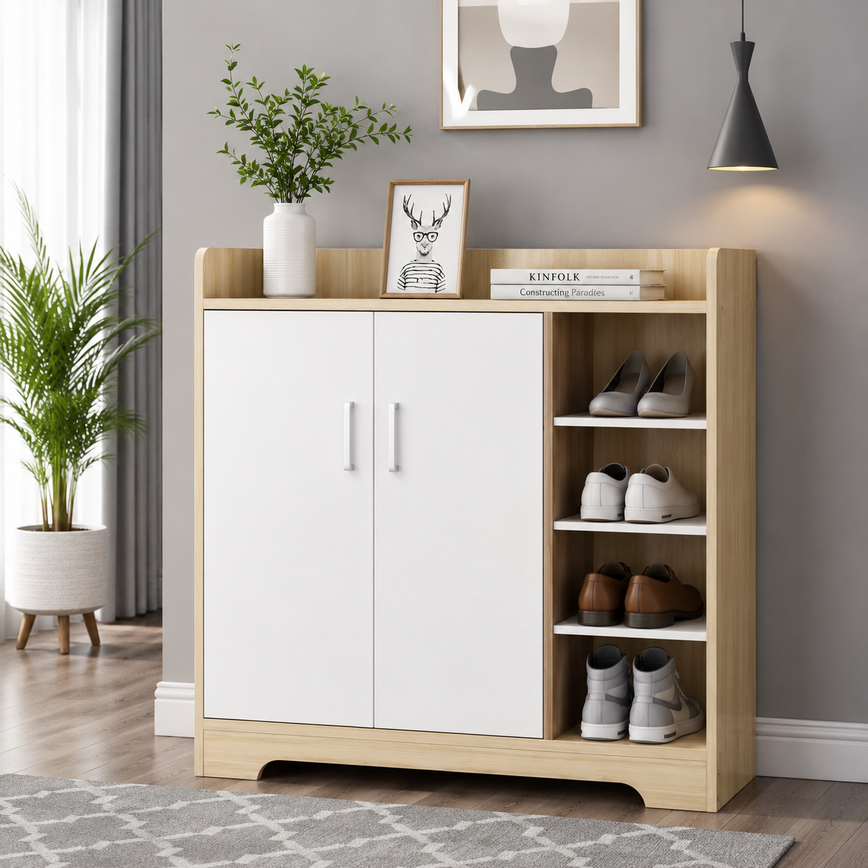 Leon 2-Door Shoe Cabinet with Open Storage Shelves