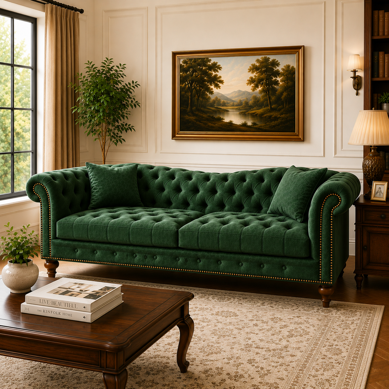 Royal Green Chester 3 Seater Velvet Sofa  with deep button tufting, elegant rolled arms and classic wooden turning legs.