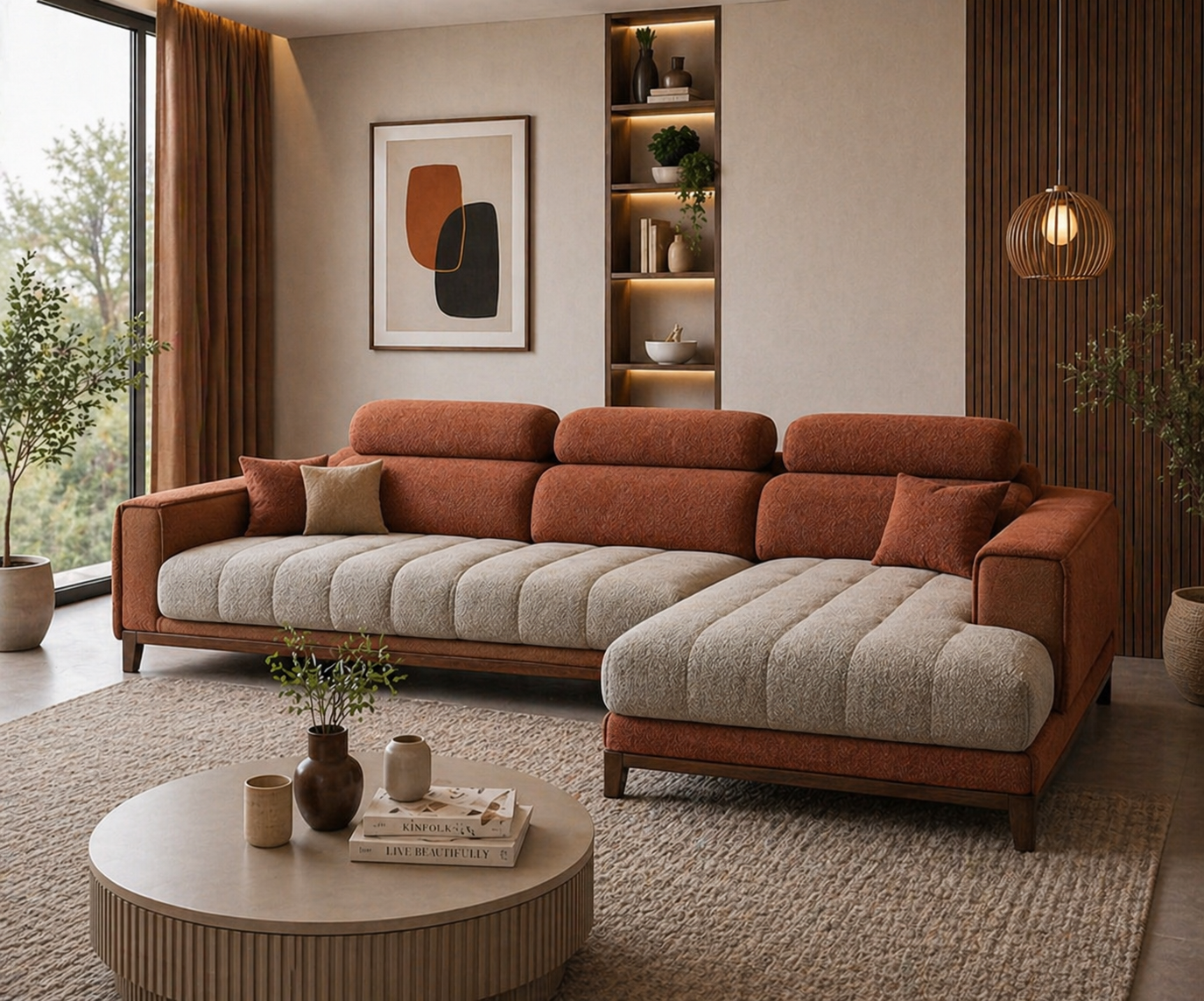 Premium 3+Lounger Fabric Sofa Set with Fix Headrests, High-Density Cushions, and Solid Wood Base for Modern Living Spaces.