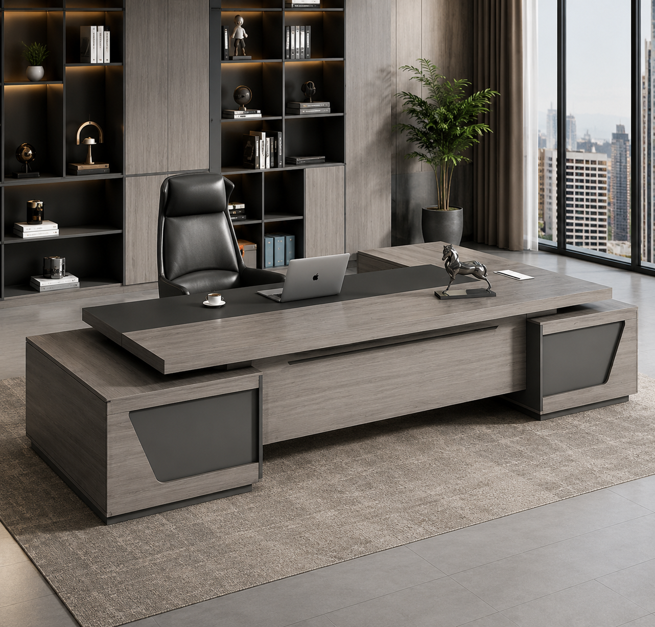 A premium executive L-shaped desk with integrated side storage, combining modern aesthetics, smart organization, and superior workspace functionality