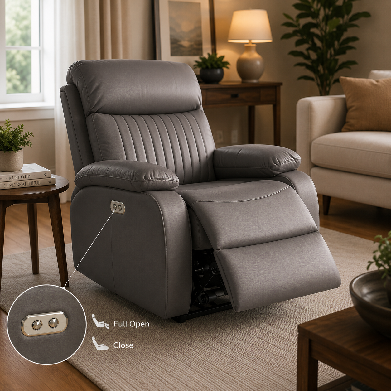 An elegantly designed Infinite Position Motorized Recliner that allows you to pause at any desired angle, delivering personalized comfort with smooth motorized operation and premium ergonomic support.