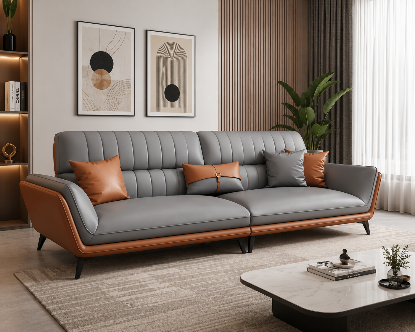 Premium 4-Seater Sofa featuring ergonomic back support, high-resilience foam, and a sleek contemporary design with dual-tone upholstery.