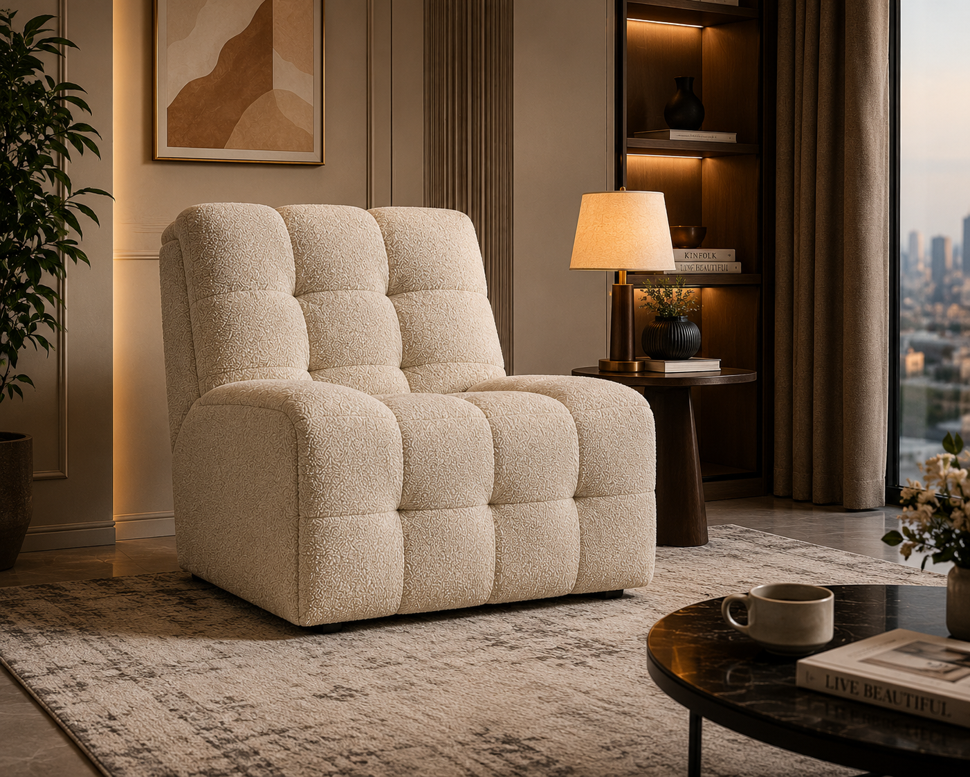 A premium handle-free manual recliner with tufted box detailing and soft bouclé upholstery, designed for modern comfort and minimalist living.