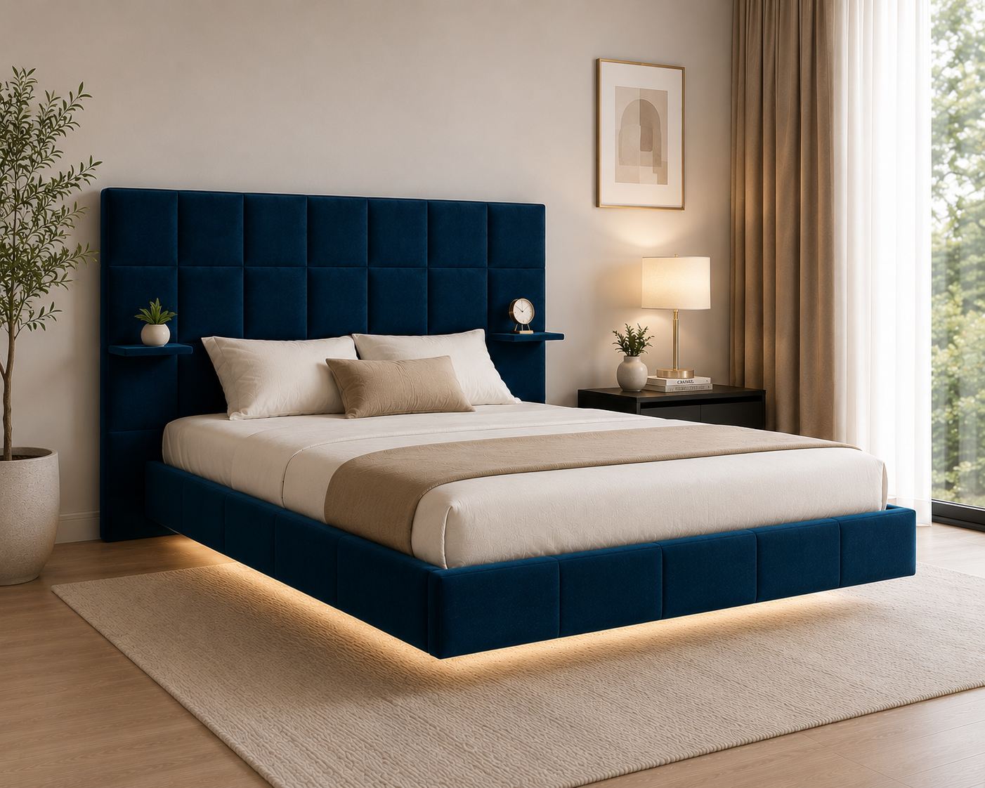 Modern Upholstered Bed with Integrated Shelves & Metal Frame with Geometric Headboard.