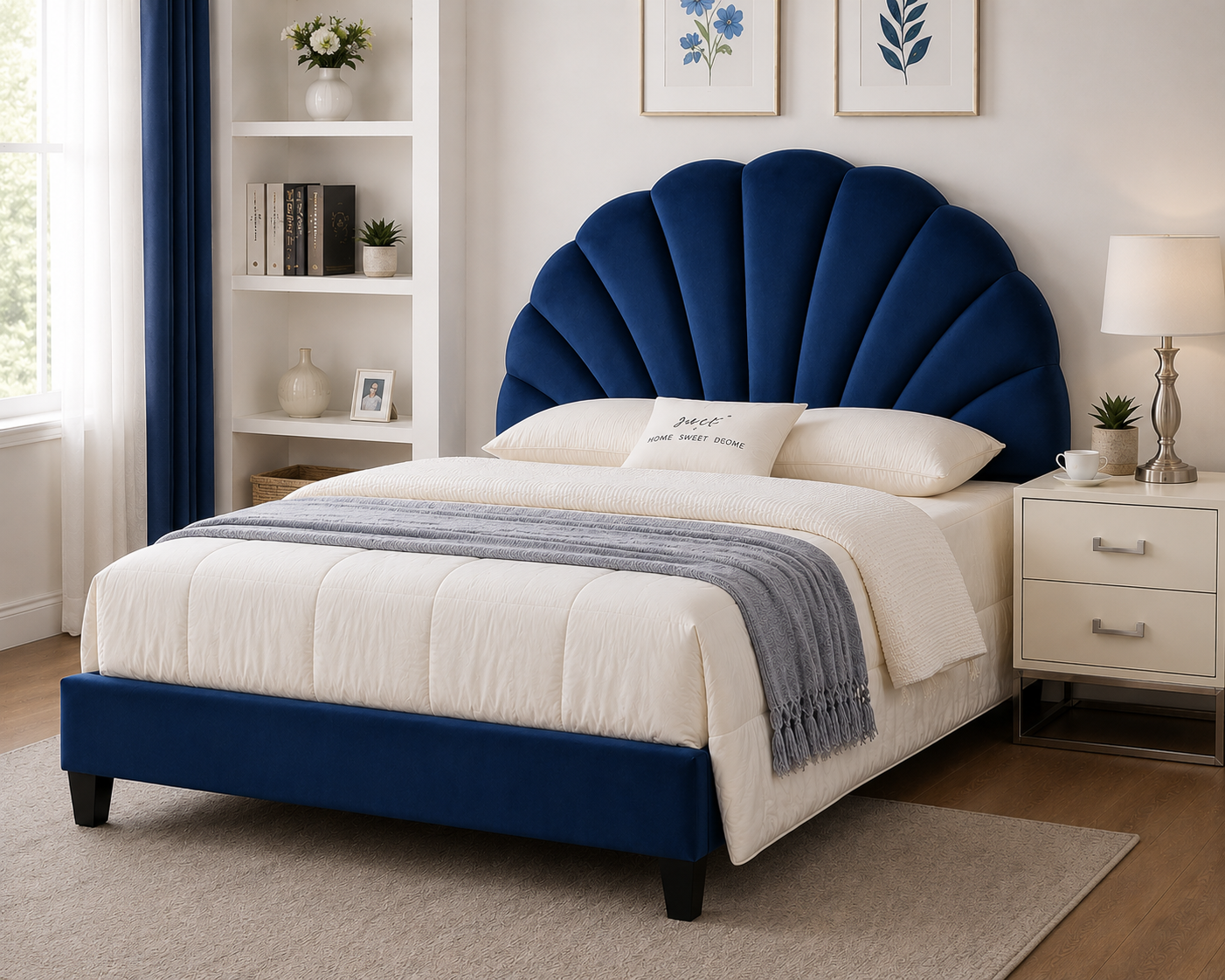 A luxurious single-size upholstered bed featuring a statement shell-inspired headboard, premium velvet upholstery, and a durable plywood frame for elegant modern bedrooms.