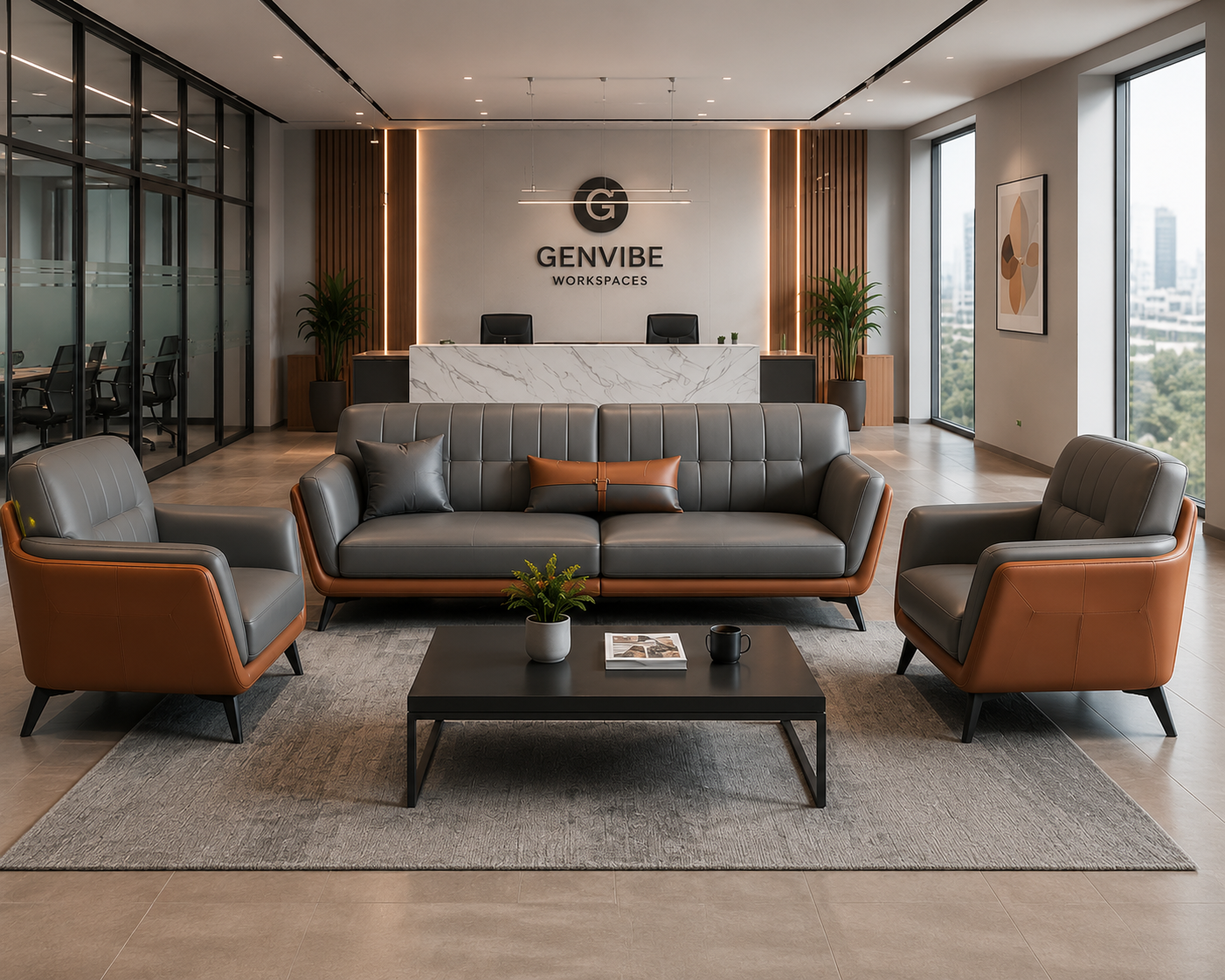 Premium Executive Office Sofa Set featuring ergonomic comfort, luxurious dual-tone upholstery, and contemporary styling for modern workspaces.