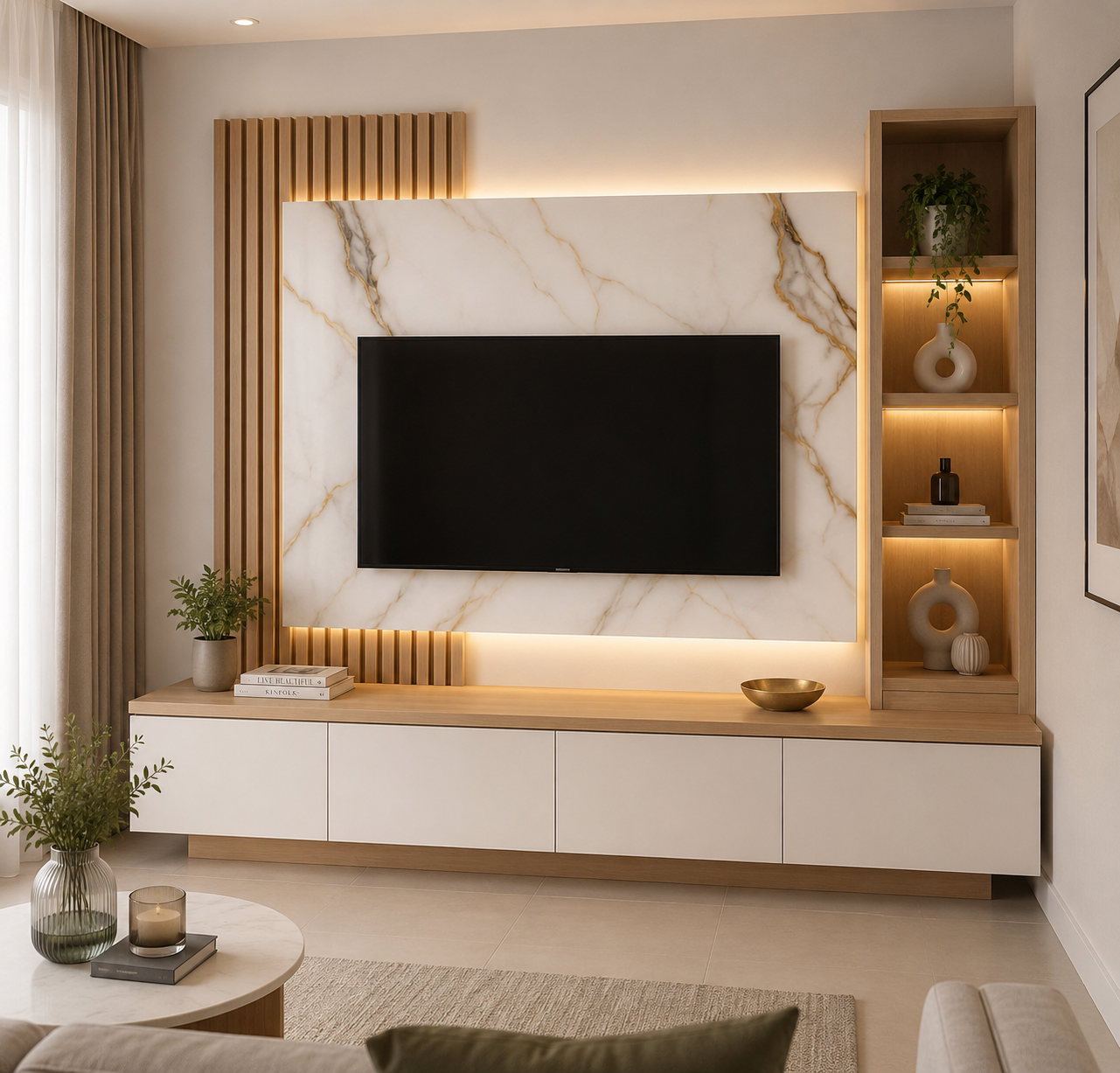 A contemporary wall-mounted TV unit featuring marble-look panels, decorative fluted louvers, ambient LED lighting, and functional display storage.