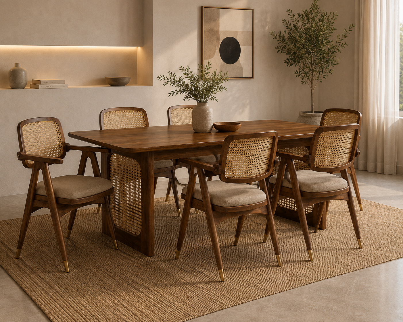 6-seater solid teak wood dining set featuring a pristine quartz tabletop, handcrafted rattan cane backrests, and timeless contemporary elegance.
