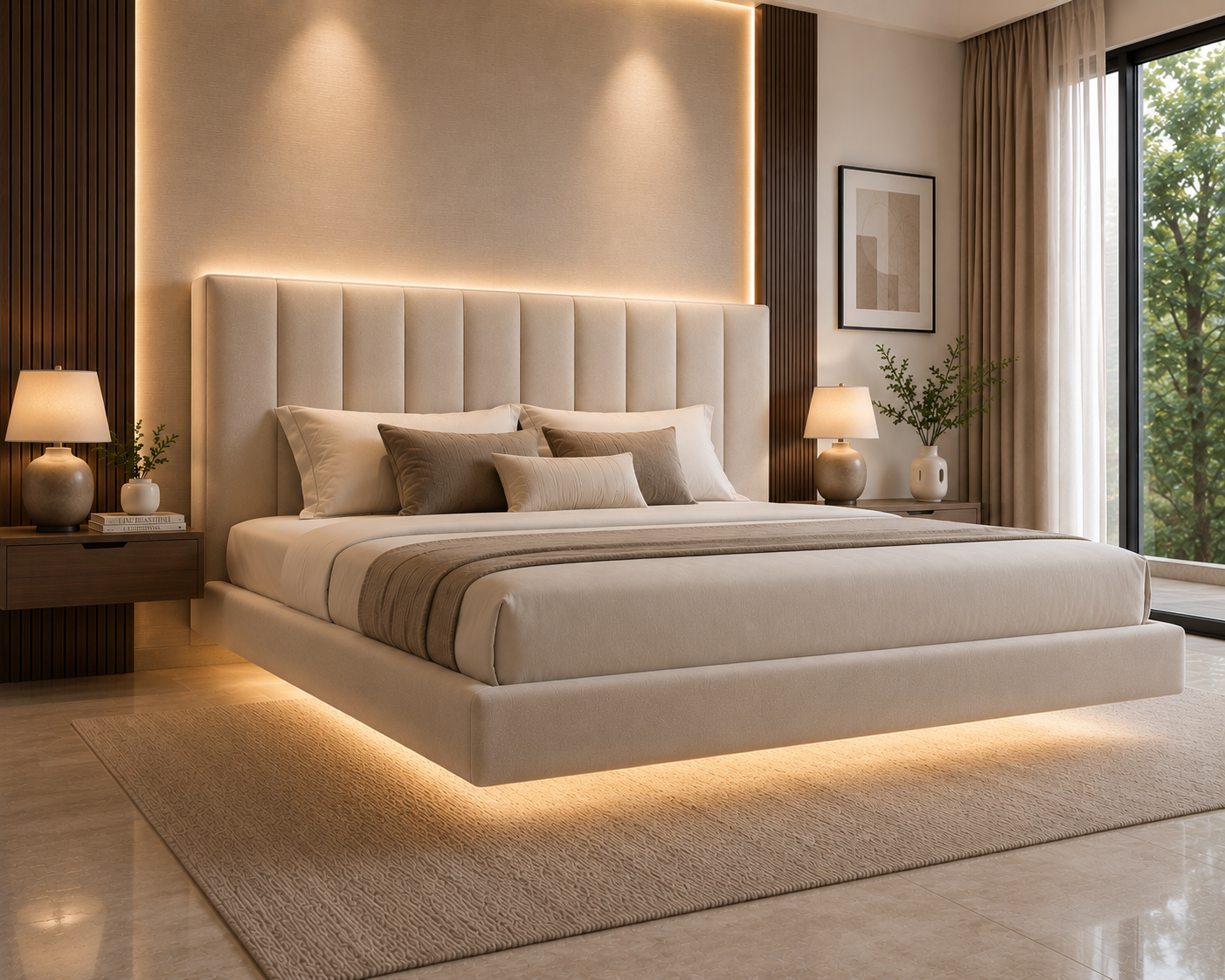 Floating Upholstered Platform Bed | Stripe Fluted Headboard | Heavy-Duty Metal Frame | Queen & King Size Available.
