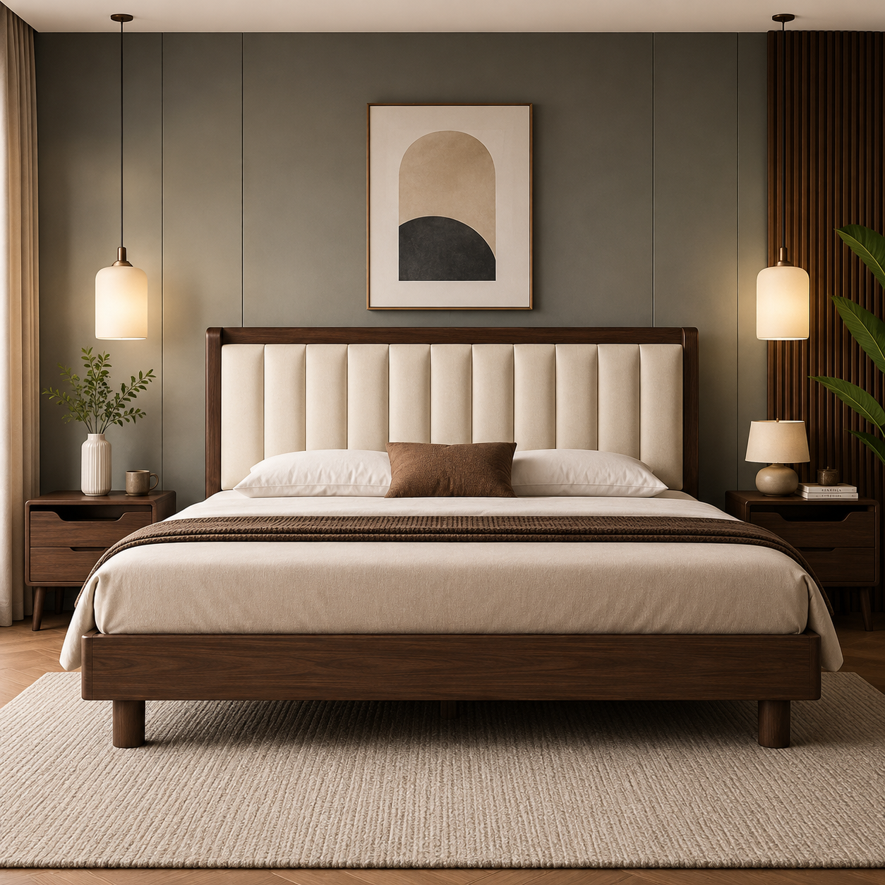 Queen Size Upholstered Bed | Walnut Finish | Velvet Fabric | Without Storage
