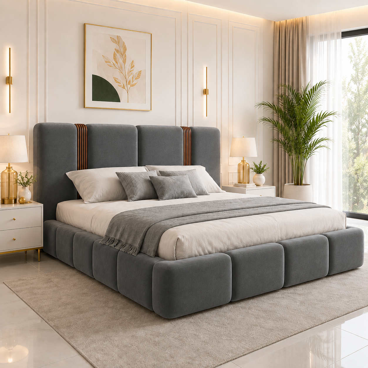 Luxe Upholstered Hydraulic Storage Bed Upholstery Premium Grey Velvet – Queen Size