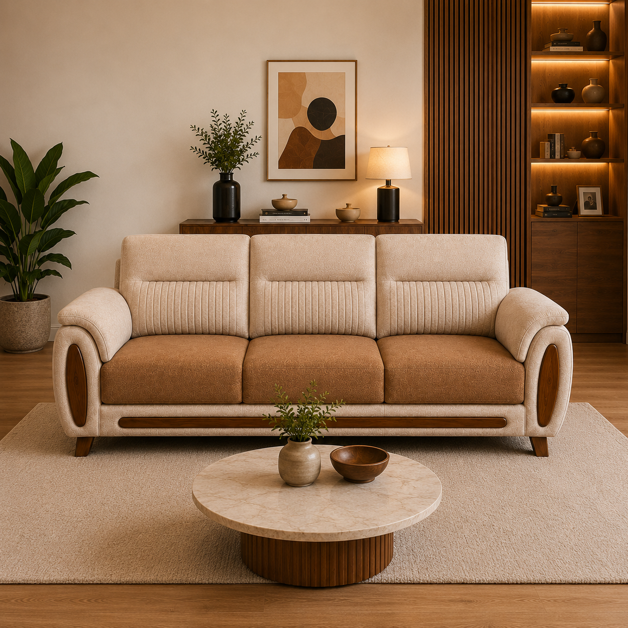 Verona Premium beige and brown dual-tone 3 Seater Fabric sofa offering timeless style, comfort and durability.