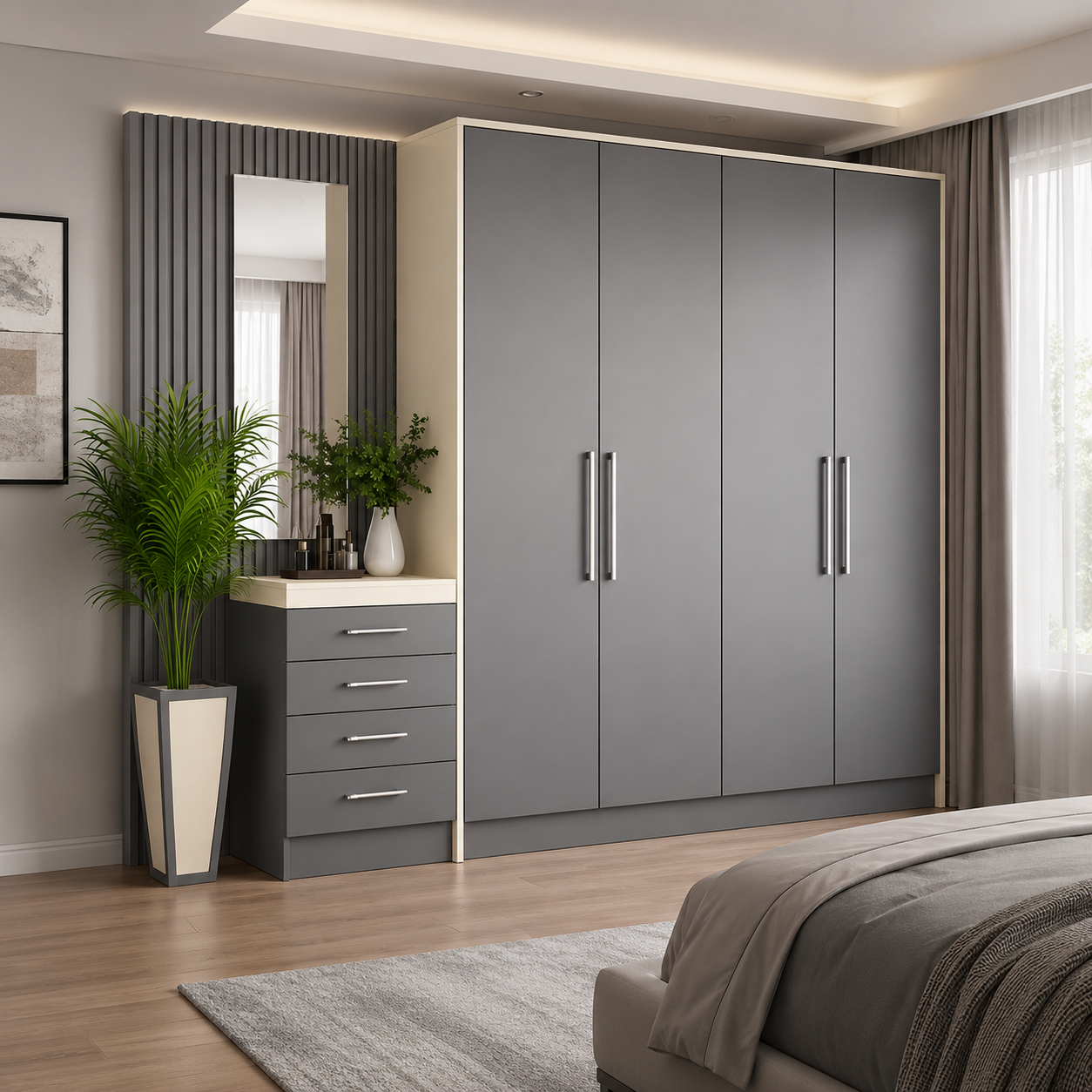A modern wardrobe with integrated dressing unit, offering elegant storage and contemporary aesthetics.