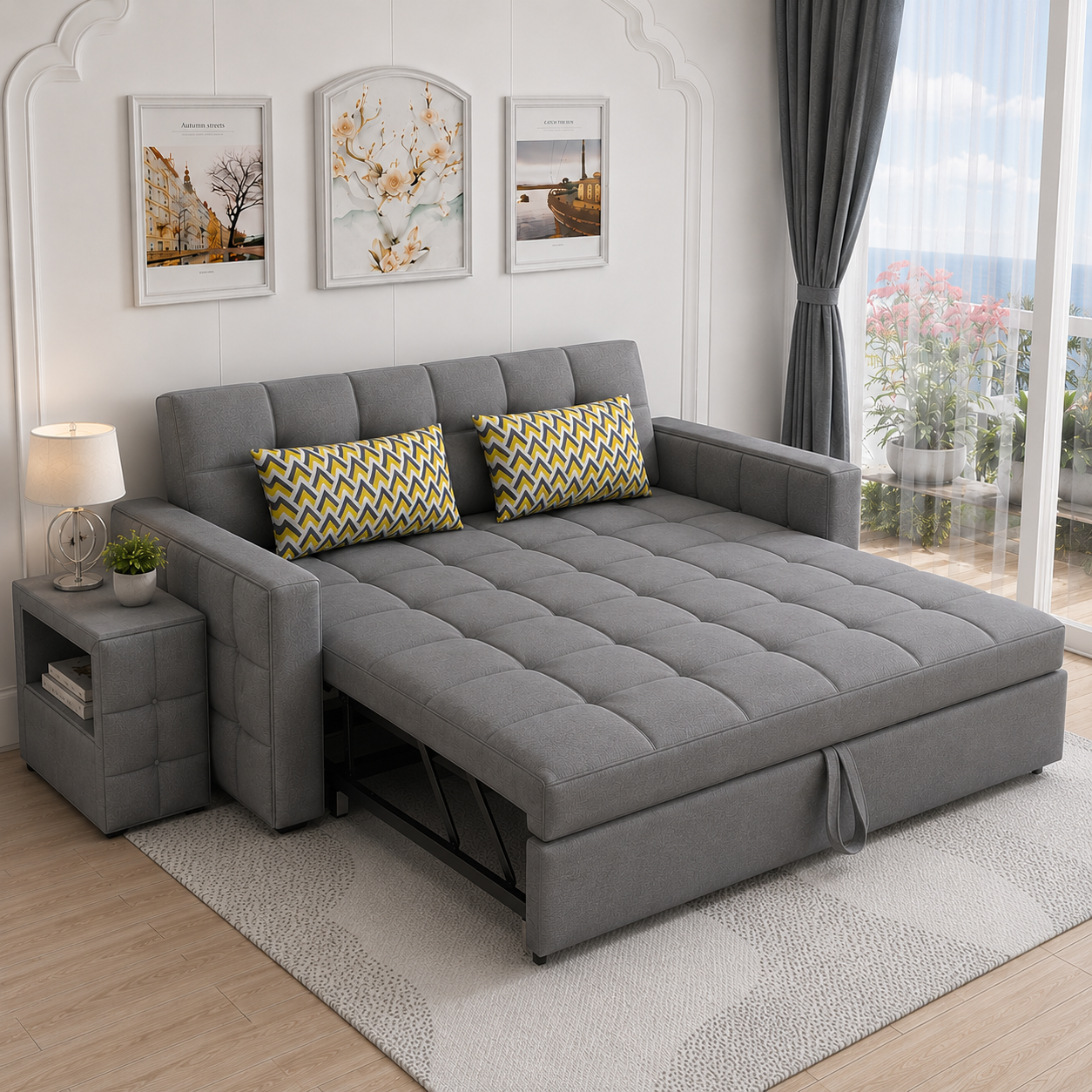Premium Grey Pull-Out Sofa Cum Bed with Square Geometric Tufting, Side Storage Box, and High-Resilience Foam for Everyday Comfort and Smart Living.