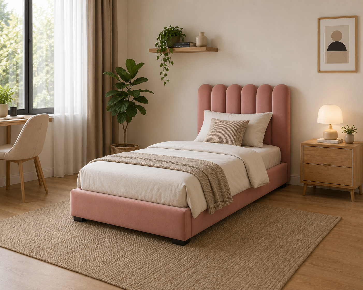 A premium royal green upholstered single bed featuring a modern vertical-channel headboard, With Hydraulic Storage, soft velvet finish, and elegant contemporary styling.