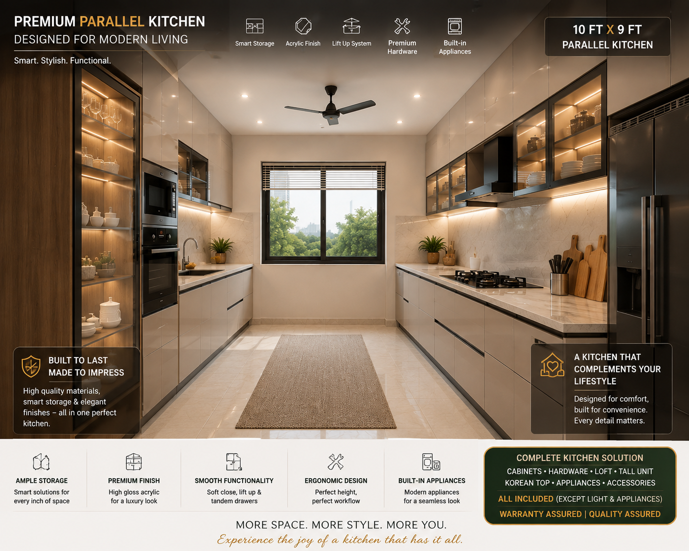 Parallel Kitchen layout offers maximum functionality with premium finishes, optimized storage, and ergonomic design.