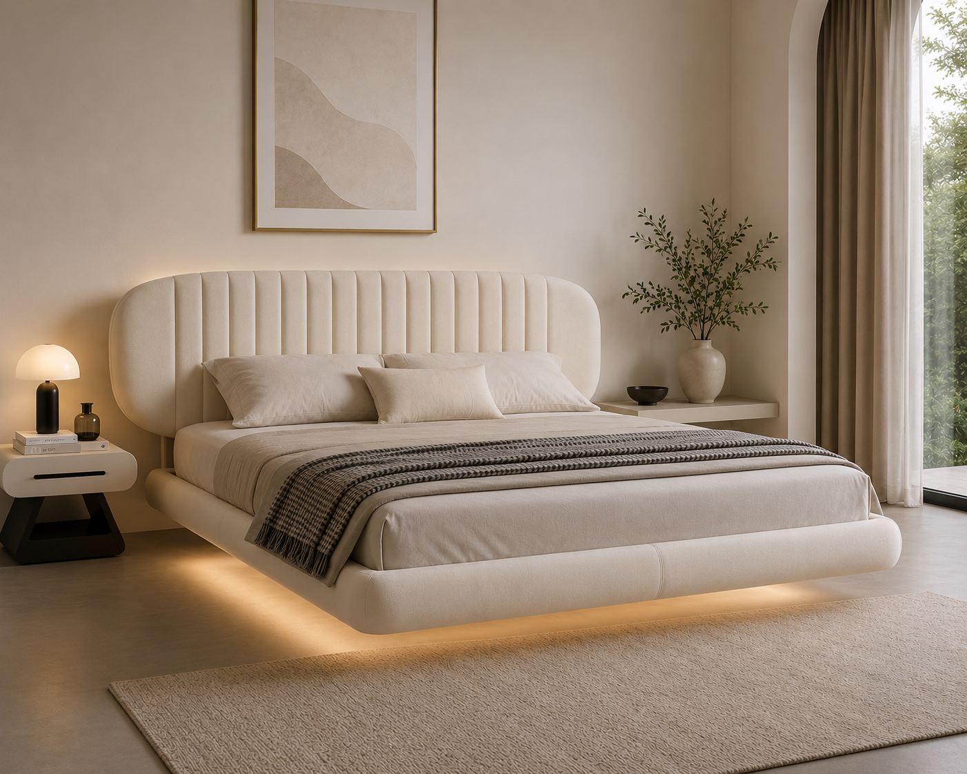 Floating Upholstered Platform Bed | Oval Fluted Headboard | Heavy-Duty Metal Frame | Queen & King Size Available.
