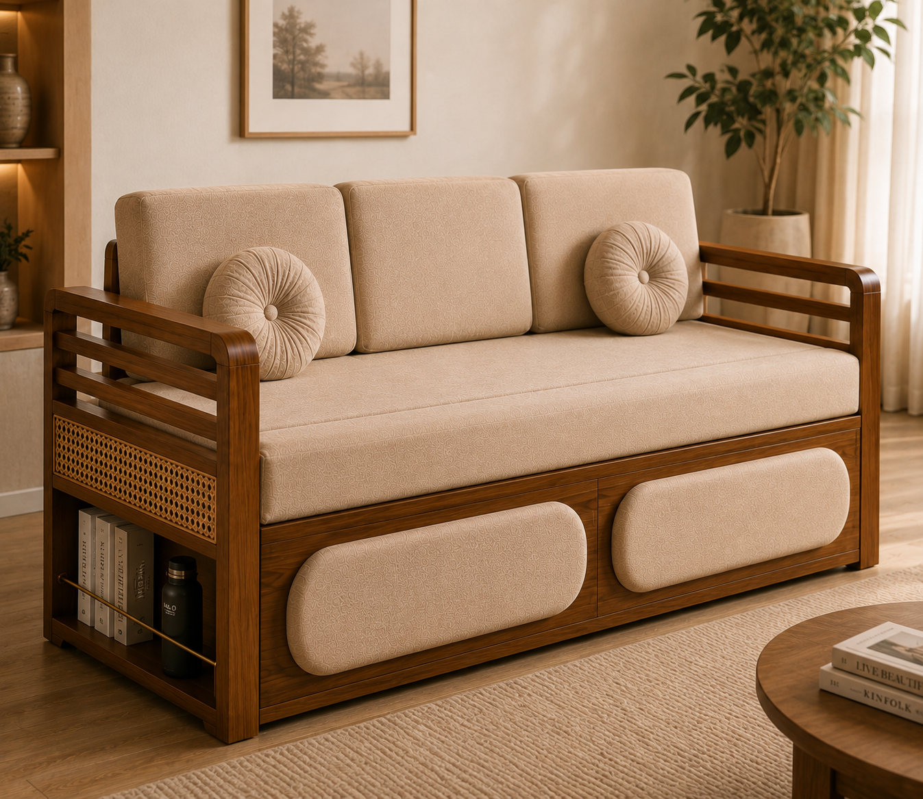 Aura stylish teak wood sofa cum bed with a smart 3-fold opening system, integrated side storage and premium high-GSM fabric upholstery.
