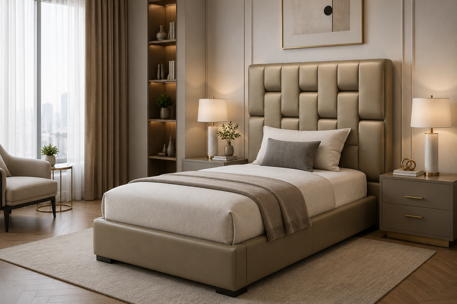 A premium single-size upholstered bed featuring a vertical channel-tufted headboard, hydraulic lift-up storage with plywood base, and luxurious fabric upholstery for modern bedrooms.