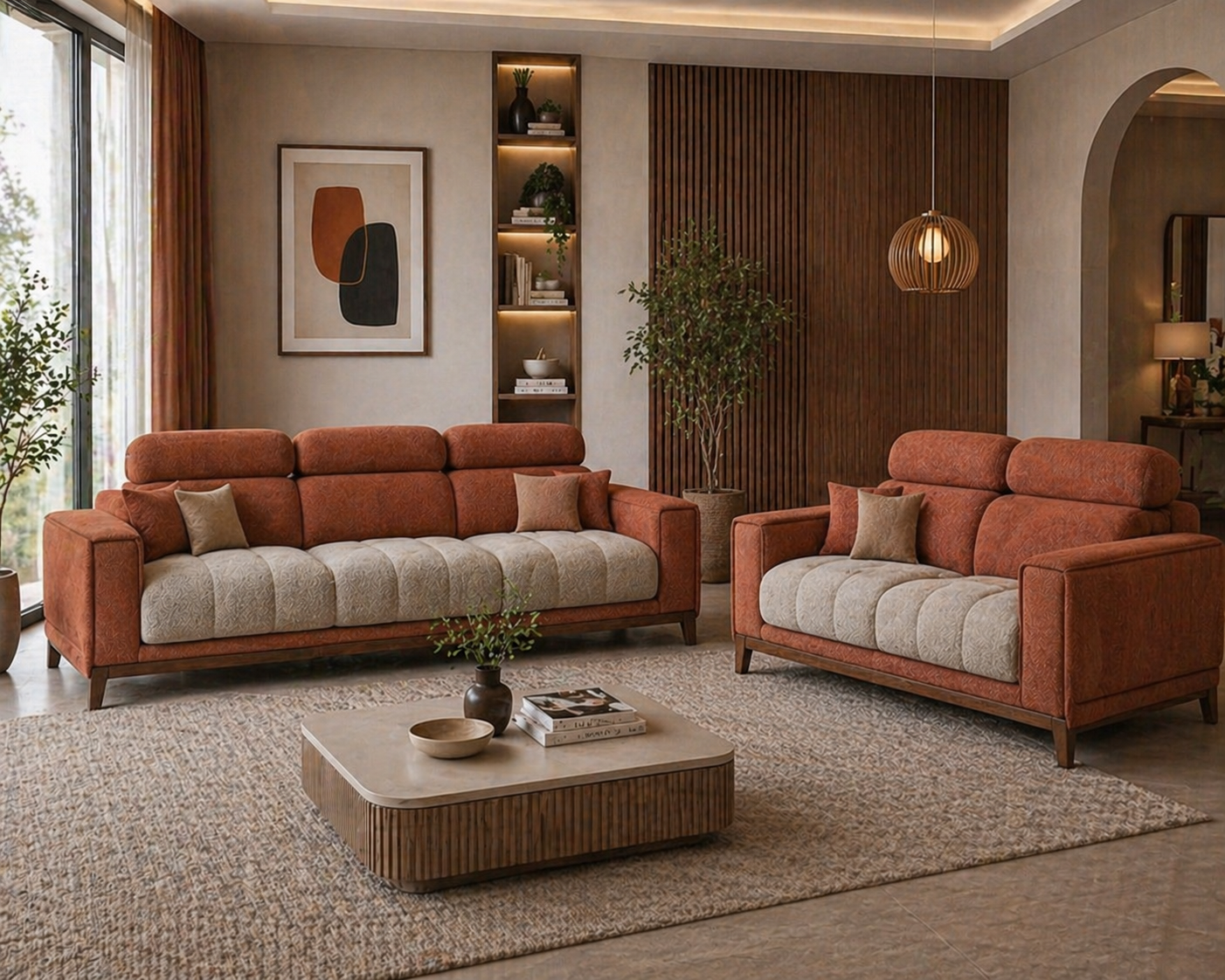 Premium 3+2 Fabric Sofa Set with Fix Headrests, High-Density Cushions, and Solid Wood Base for Modern Living Spaces.