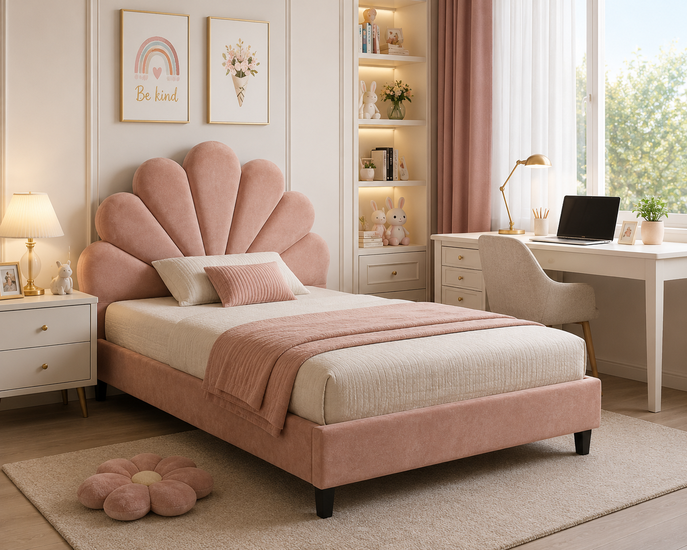 A premium single-size upholstered bed featuring a luxurious shell-inspired headboard, soft velvet upholstery, and a sturdy plywood frame for modern, elegant bedrooms.