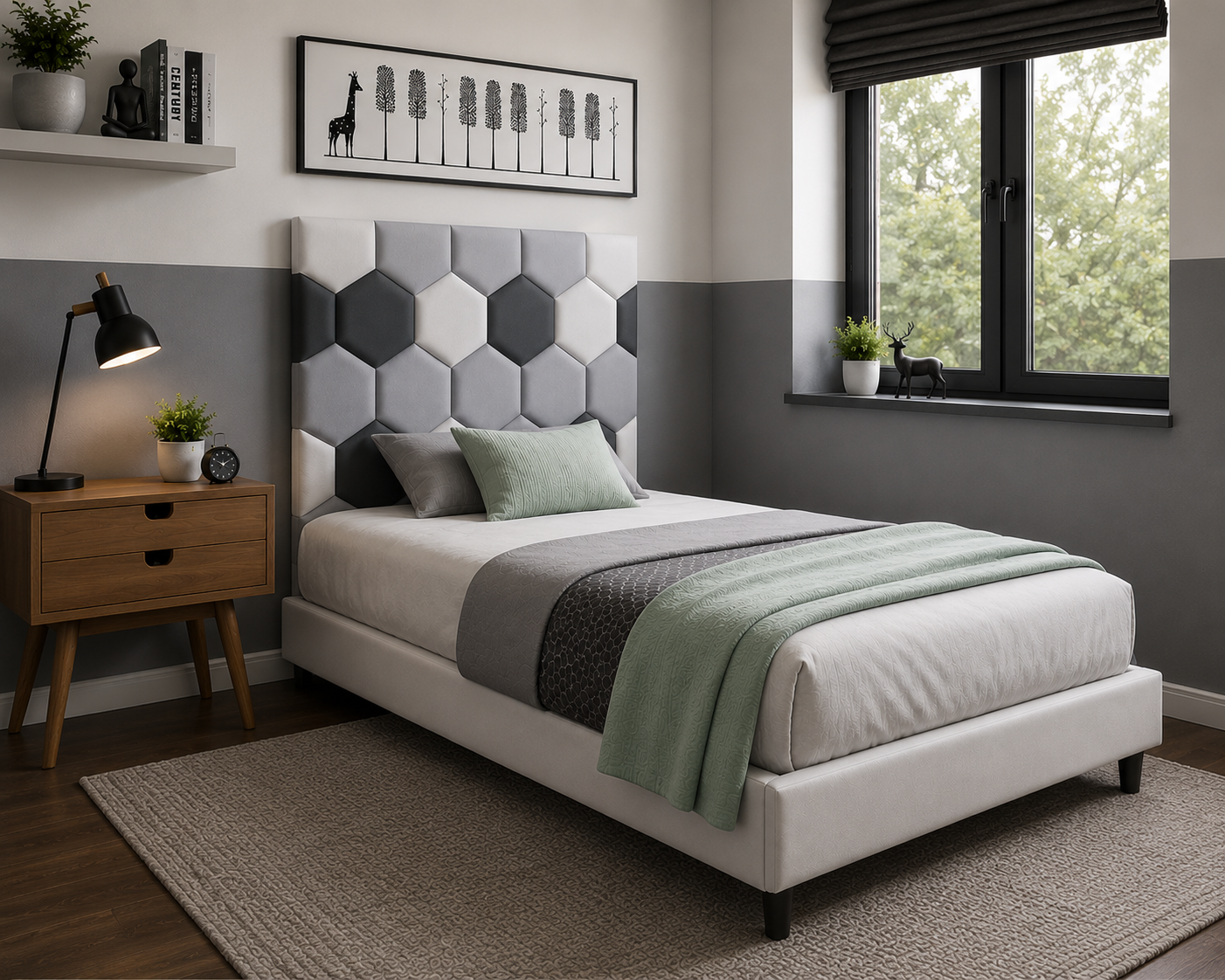 A contemporary single-size upholstered bed featuring a geometric hexagon padded headboard, premium velvet upholstery, and a sturdy plywood frame for stylish everyday comfort.