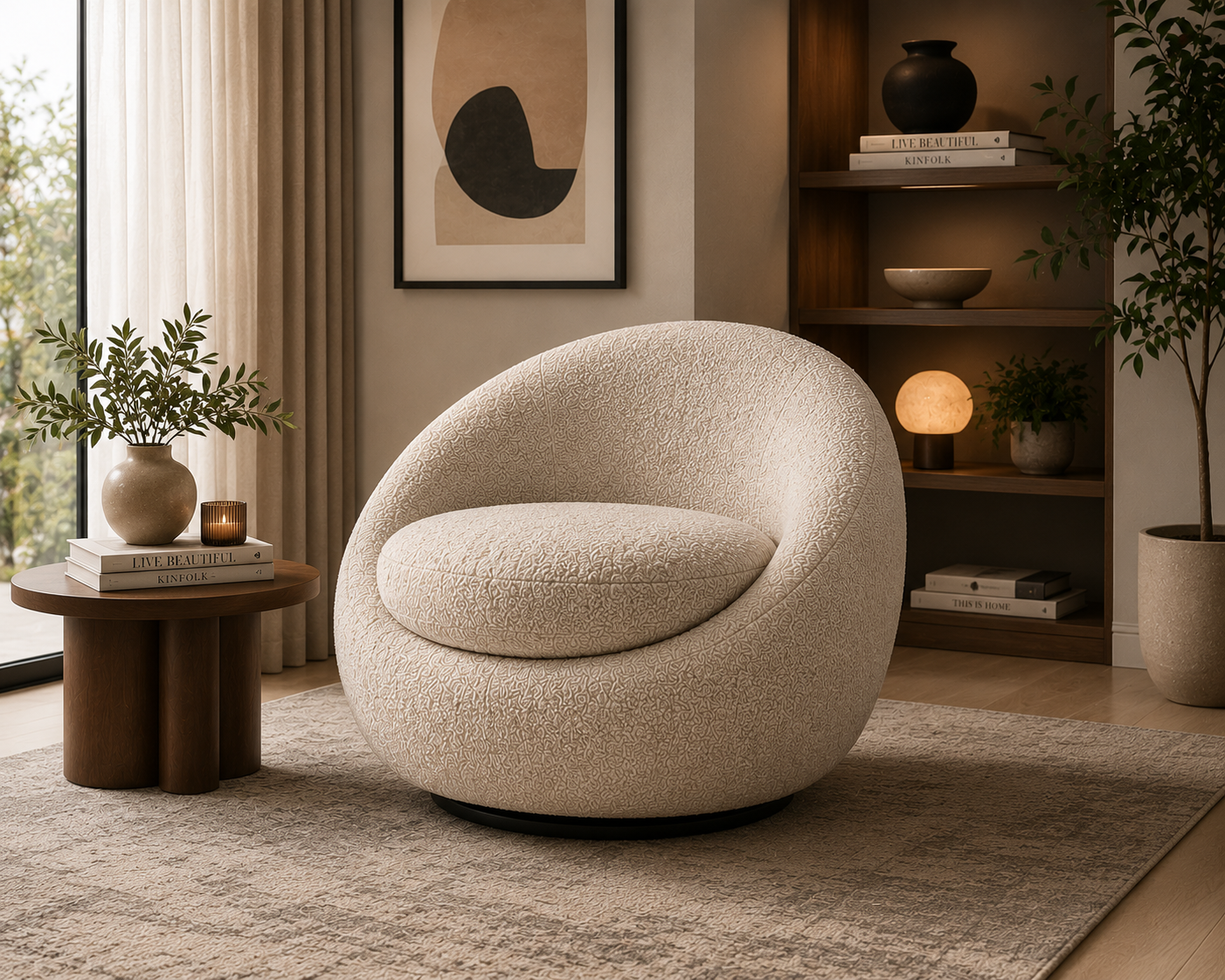 A sculptural pebble-inspired swivel accent chair that blends organic curves, luxurious comfort, and effortless 360° movement.