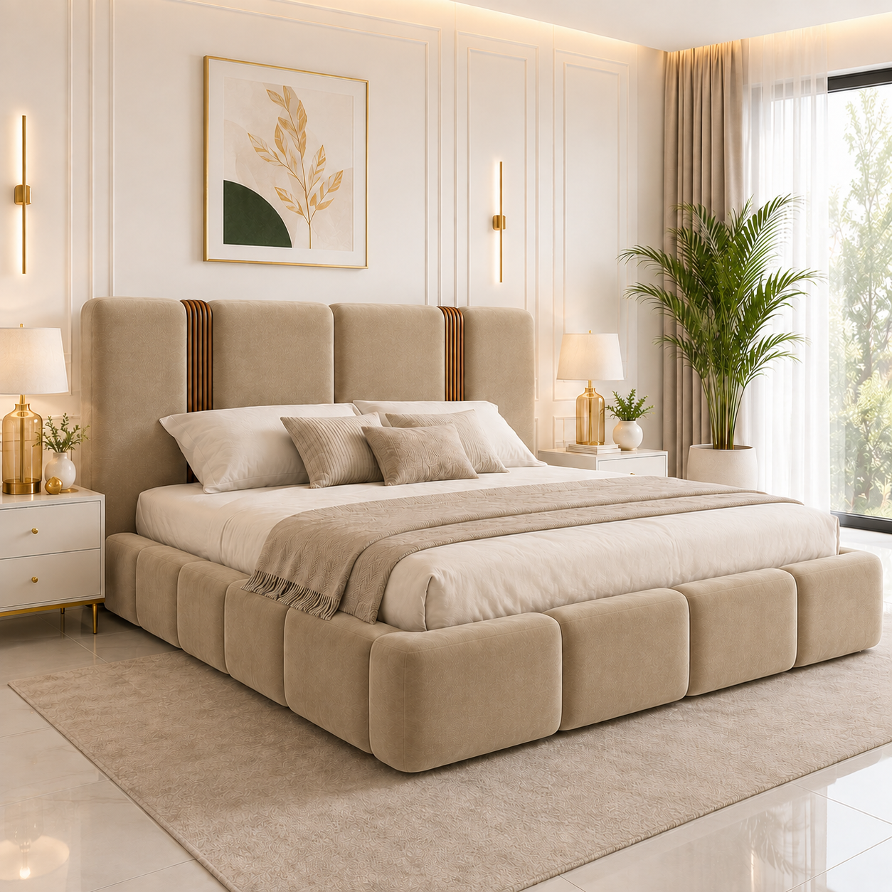 Queen Size Hydraulic Storage Bed | Beige Velvet Upholstery