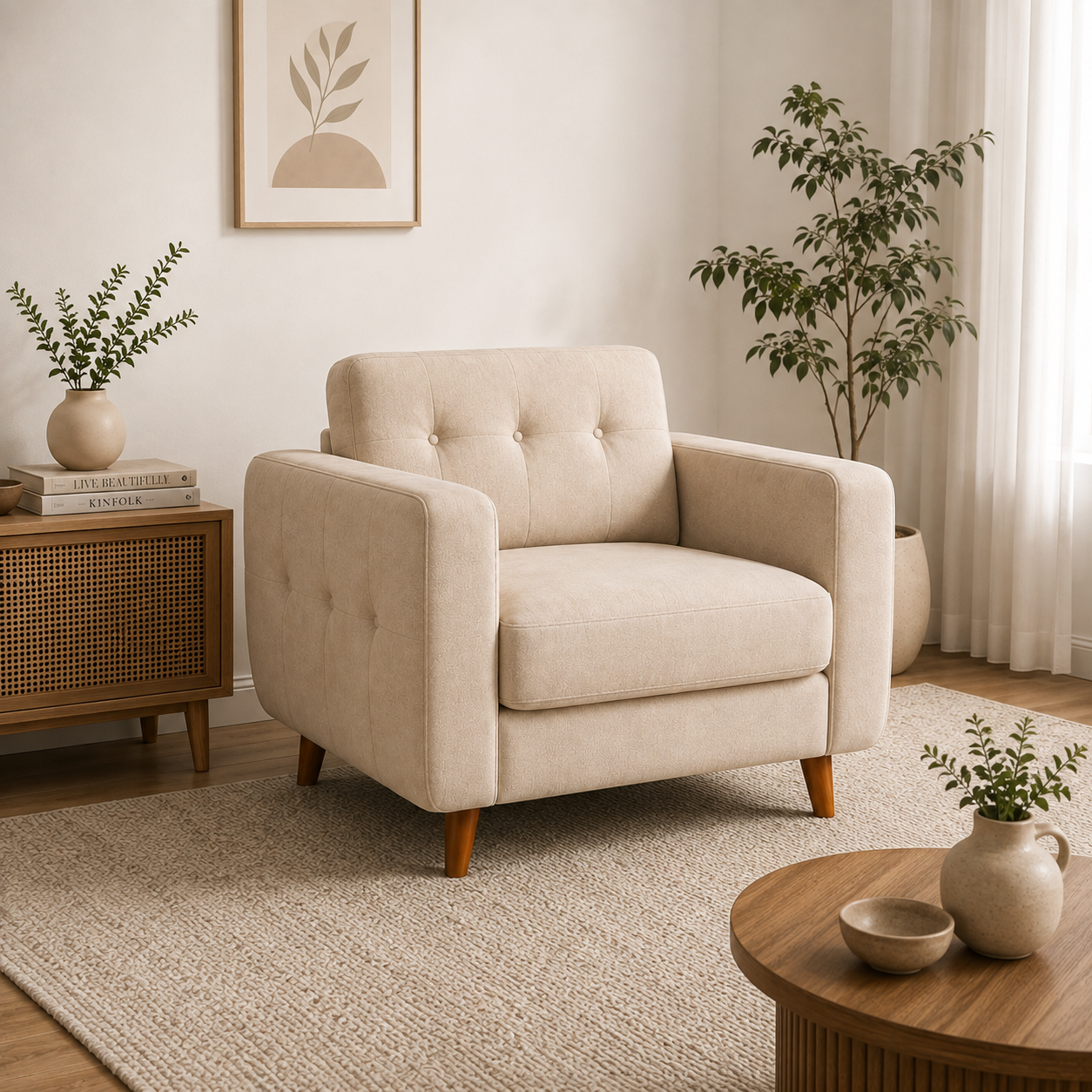 Premium tufted 1 Seater sofa crafted for timeless comfort, durability, and modern living.
