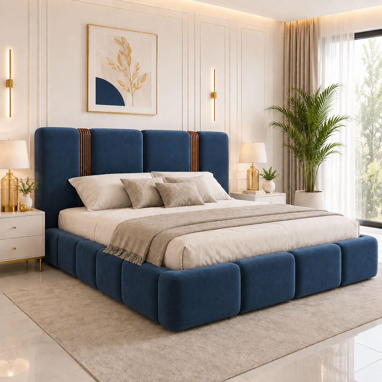 Queen Size Hydraulic Storage Bed | Blue Velvet Upholstery