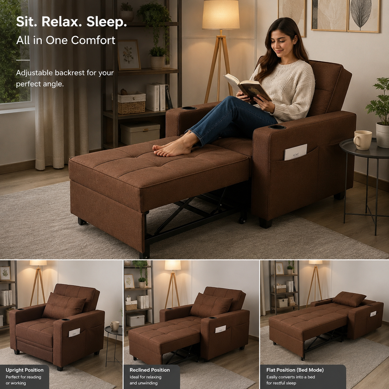 Premium Single Seater Sofa Cum Bed with Multi-Angle Adjustable Backrest, Pull-Out Bed Mechanism, and Smart Storage Features.