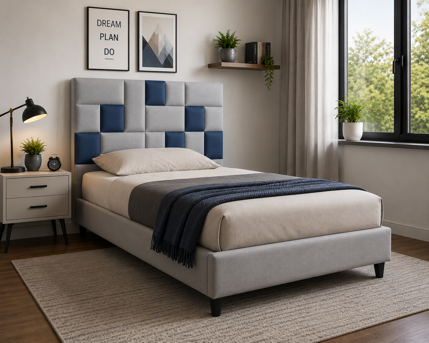 A contemporary single-size upholstered bed featuring a geometric square padded headboard, premium velvet upholstery, and a durable plywood frame for modern comfort and style.